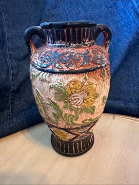 Distressed Hand-Painted Floral Ceramic Vase made in Japan MCM
